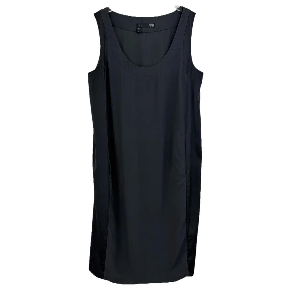 Eileen‎ Fisher Silk Shift Dress Women XS Black Sleeveless Scoop Neck Pockets